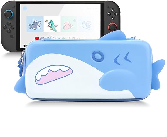 GeekShare Hard Carrying Case for Switch 2(2025), Portable Protective Case with 12 Game Card Holders, Cute Large Capacity Storage Bag Compatible with Switch 2 Console & Game Accessories - Shark Party