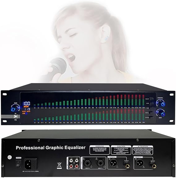 Dual 31-Band Professional Graphic Equalizer,Stereo Graphic Equalizer Digital Equalizer for Recording Studio, LED Spectrum Display,10 Preset Effects,Low/Mid/Treble Independent Adjustment,Reduced Noise