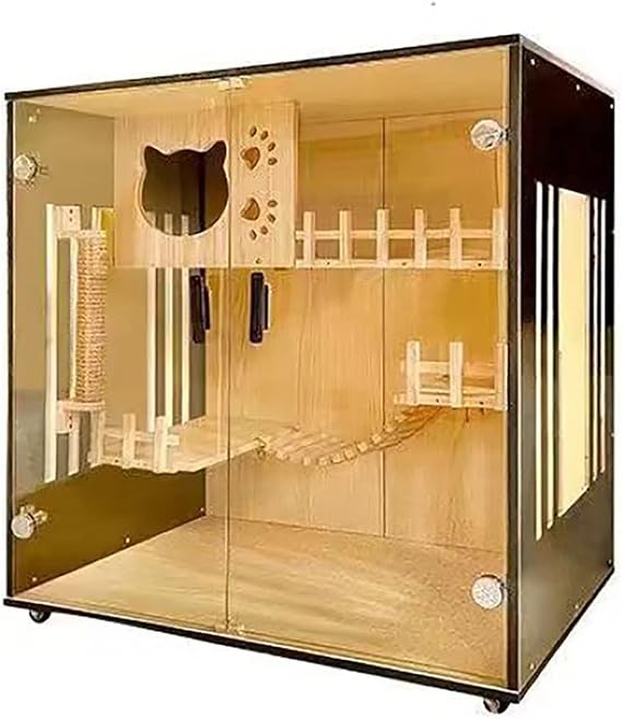 Large Wooden Cat House for House and Outdoor Cats Multilayer Design Tempered Glass Door Catio Enclosure with Shelter and Wheels (Color : C)
