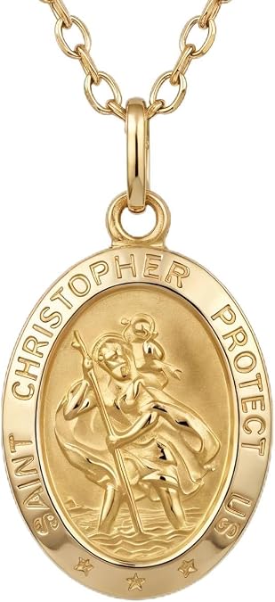 Alexander Castle Solid 9ct Gold St Christopher Pendant Necklace - with 18" 9ct Gold Chain & Jewellery Gift Box - 'SAINT CHRISTOPHER PROTECT US' Engraving