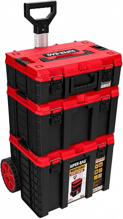 Super-Bag S-M-L Master Case 3'lü Modüler Tekerlekli Takım Çantası Seti, Organizerli Alet Taşıma ve Depolama Sistemi, Çekçek Kollu, Büyük Hacimli, Elektrikçi Tesisatçı Servis İçin, Kırmızı-Siyah