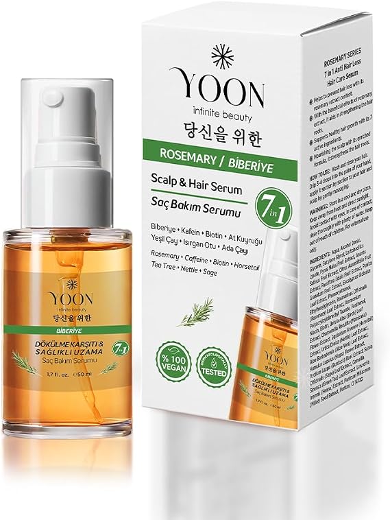 YOON Vegan Biberiye Saç Bakım Serumu - Saç Dökülme Karşıtı, Hızlı Saç Uzatan, Sülfat, Paraben ve Silikon İçermeyen, 7 Doğal Aktif İçerikli, Besleyici ve Güçlendirici Saç ve Saç Derisi Serumu 50ml