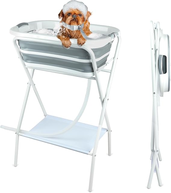 FHTONGE Elevated Dog Bathtub Grooming Station with Adjustable Collar Drain Foldable Dog Grooming Bathtub 2 in 1 Portable Dog Cleaning Station Small Medium Dog Cat Shower Grooming Pet Tub