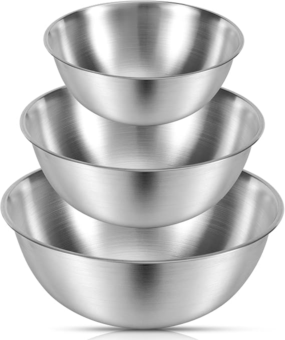 Stainless Steel Mixing Bowls Set, 3 Pcs Metal Cooking Baking Bowl, Nesting Bowls 17cm/19.5cm/22.5cm Ideal as Mixing Bowl for Baking, Dough Kneading, Salad & Food Prep