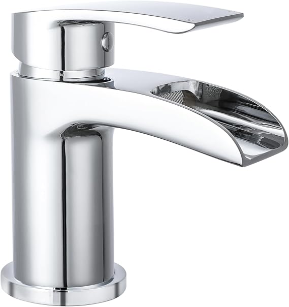 VeeBath Stream Round Waterfall Mono Basin Mixer Tap – Chrome Finish, Single Lever, Modern Sink Tap with Waste, Deck Mounted Bathroom Tap, Contemporary Design for Bathroom Basins