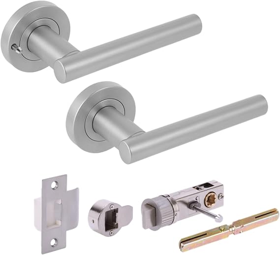 Hunta HANDLEZONE® Solus Privacy Lever On Round Rose Door Handles, with Bullet Privacy Latch, for Bathroom, Toilet, WC Doors, 1 Set - Satin Chrome