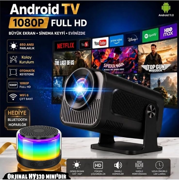 HY320 Mini 4K Destekli Akıllı Taşınabilir Projeksiyon Cihazı Uzaktan kumandalı - Android 11, Dual WiFi 6, Bluetooth 5.0 Siyah Ev Sineması Ev Tipi Projektör (hoparlör hediyeli)