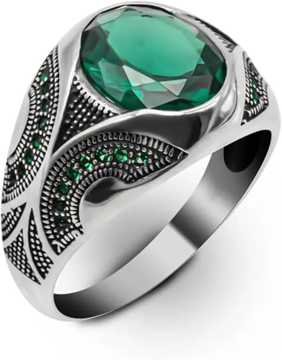 SISGEM Cool Emerald Men's Ring, 925 Sterling Silver Green Gemstone Ring with Engraved Name, Simulated Emerald Band Ring Jewelry Gift for Men Birthday Fathers Day Size UK I-Z+6