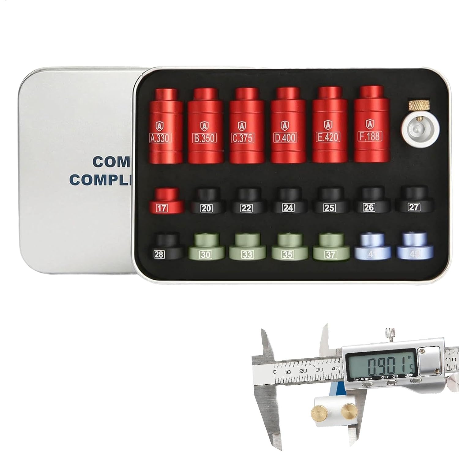 Headspace-Messgerät-Komparator-Kit Geschoss-Komparator-Kit Komplettset Zum Nachladen Von Geschossen Bullet Comparator Kit Mit 14 Einsätzen Und 6 Buchsen Nachlade-Messkaliber-Werkzeug
