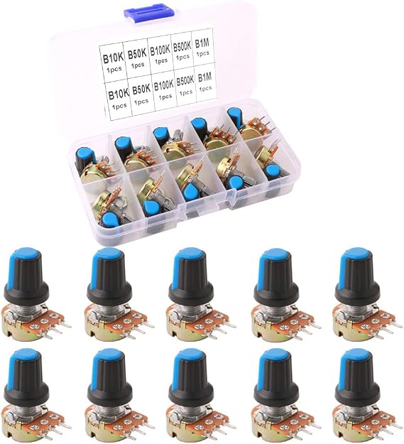 10Pcs Premium Linear Rotary Taper Potentiometer, Adjustable 3 Terminal Rotary Potentiometer, with Knob Cap and Washer (5 Value: B10K, B50K, B100K, B500K, B1M Ohm)