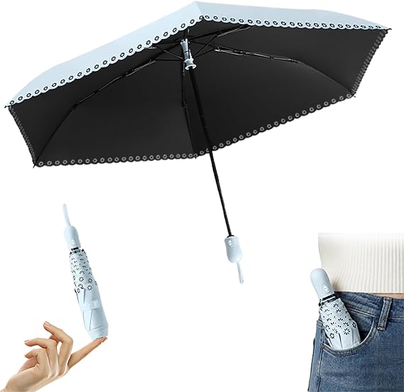 Mini Openwork Floral Trim Travel Folding Umbrella,UV 50+ Sun Rain Protection/Teflon Coating/Lightweight Portable,Auto Open/Close, 6 Ribs,Women Girls Kids,Handbags/Totes,Sun Rain ,Capsule-Shaped Handle