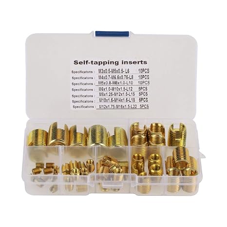 Carbon Steel Self Tapping Threaded Insert Kit, 50 Pieces Thread Repair Slotted Inserts M3 M4 M5 M6 M8 M10 M12