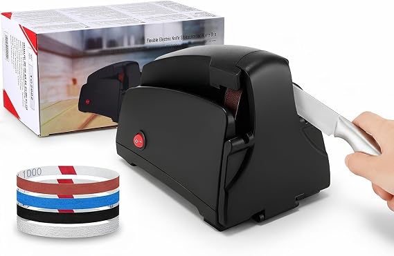 Electric Knife Sharpener Band Knife Sharpener Professional Knife Sharpener with Interchangeable Sanding Belts Kitchen Knife Sharpener with 4 Grinding Gradations for Hobby Chefs and Foodies