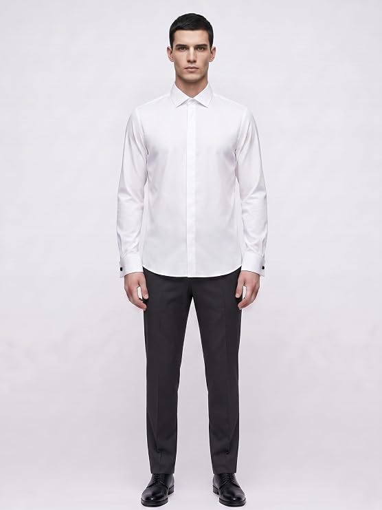 Erkek Gömlek - Slim Fit Pamuklu Esnek Kumaş - Fransız Manşetli Kol Düğmeli Klasik Uzun Kollu Gömlek