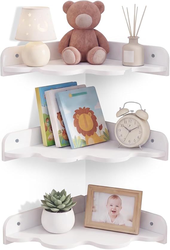 Cute Cloud Floating Corner Shelves, Set of 3 White Cloud Corner Wall Mounted Shelves, Creative Wood Plastic Composite Display Shelf for Bedroom, Living Room, Baby Room Decor