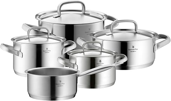 WMF Gourmet Plus 9-Piece Cookware Set, Stainless Steel Suitable for Induction, 1 Low Saucepan 20 cm, 3 Saucepans 16 cm, 20 cm and 24 cm, 1 Saucepan 16 cm with 4 Stainless Steel Lids