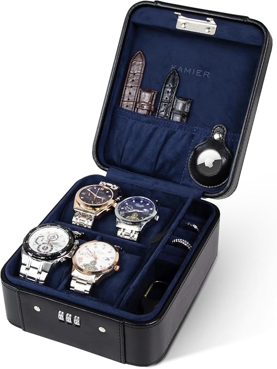 KAMIER Watch Case with Combination Lock- 4 Watch Travel Case Storage Organizer, PU Leather Waterproof Portable Watch Box, Ring and Watch Storage, Fits All Wristwatches & Smart Watches Up to 50mm,Black