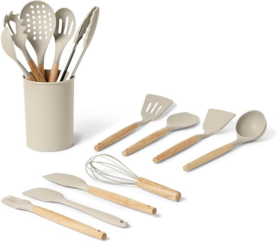 Amazon Basics Silicone Kitchen Utensil Set with Wooden Handle, 14 Piece Set, BPA Free, Includes Utensil Holder, Linen Grey