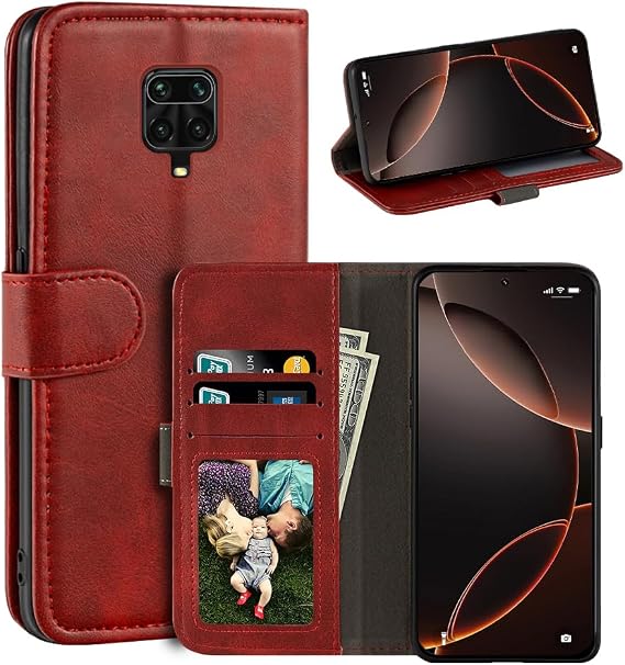 Redmi Note 9Sと互換性がある フェイクレザーフリップケース - レッド