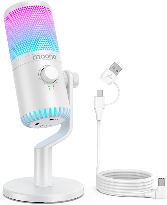 MAONO USB Condenser Microphone, Gaming Microphone, PC Microphone, Dedicated Software, RGB Lighting, Headphone Output Terminal, Single-Directional, Plug & Play, YouTube Skype, Game Commentary, Live
