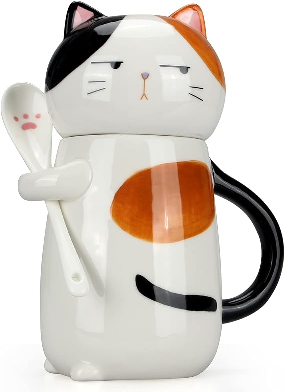15 oz Sevimli Seramik Kahve Kupası, Kapaklı ve Kaşıklı, Sevimli Kedi Çay Fincanı, Kadınlar için 3D Kawaii Kedi Kahve Kupası, Sevgili Hediyesi, Porselen Yenilik Pusheen Kitty Çay Kupası
