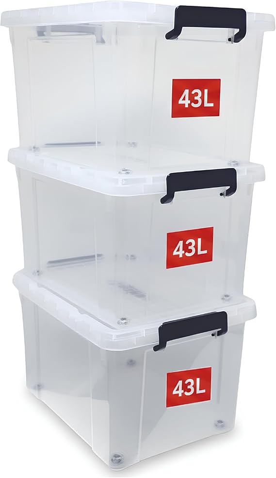 BARGAIN FACTORY 3 x Clear Plastic Storage Container Large Boxes With Lids, Closing Clips and Wheels 43L Integrated Handles Stackable BPA Free Box For Bedroom Office Living Room Kitchen