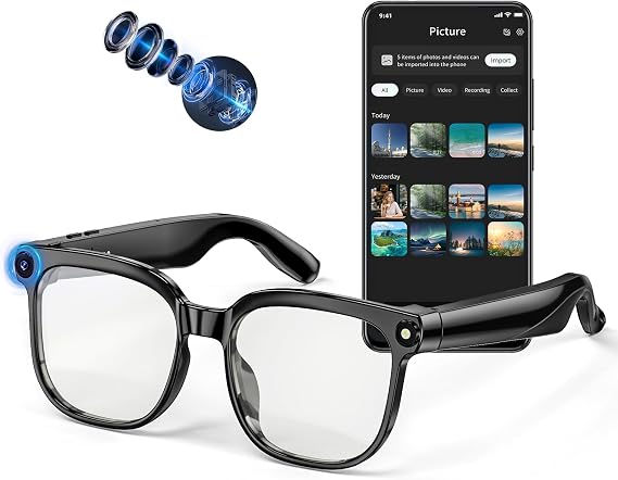 AI Smart Glasses with Camera, 4K 800W HD Video Recording Glasses with Audio, Bluetooth Sunglassess with Camera, Real-Time Translation, Voice Assistant, Object Recognition, Hands-Free Music Calls