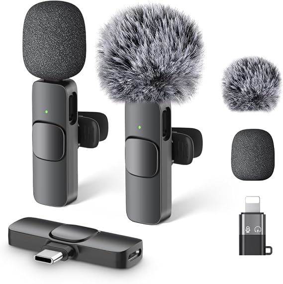 Wireless Lavalier Lapel Microphone - Used for iPhone/Android Phone/Computer/iPad with Noise Reduction - Mini 2 Clip-on Lapel Mic for Video Recording Tiktok Youtube, Plug-Play