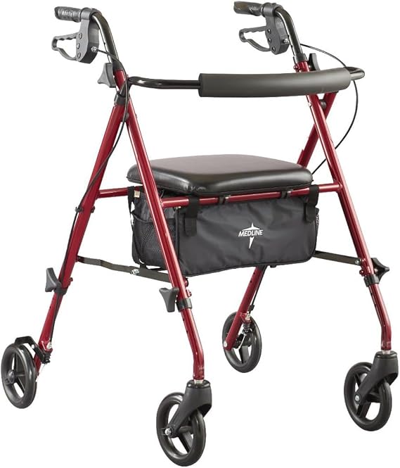 Medline Ultralight Folding Aluminum Mobility Roller Walker, Red, 250 Lbs Capacity, 6" Wheels, Adjustable Arm and Seat, Folding Rolling Walker for Seniors