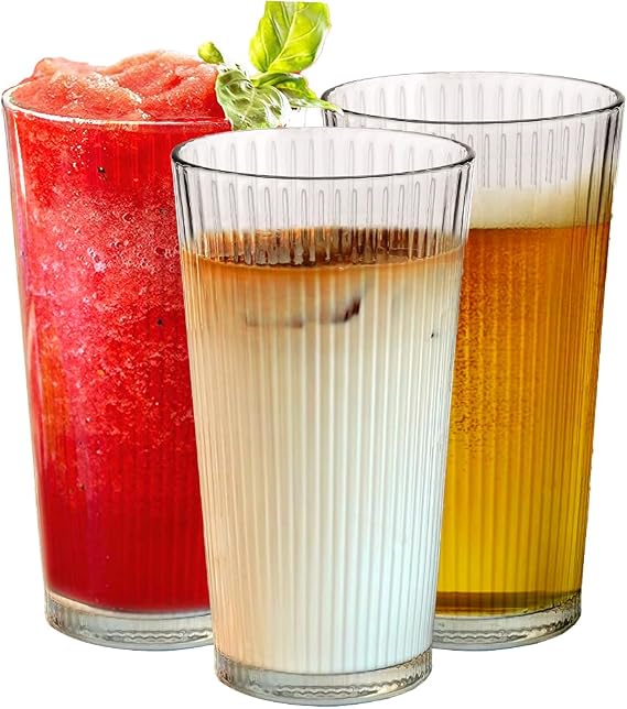 Le'raze İçme Bardakları - 10-16 oz. Nervürlü Cam Sake Bardakları - Bulaşık Makinesinde Yıkanabilir Kokteyl Şeffaf Ağır Tabanlı Uzun Bira Bardakları, Su Bardakları, Bar Bardağı, Şarap, Meyve Suyu,