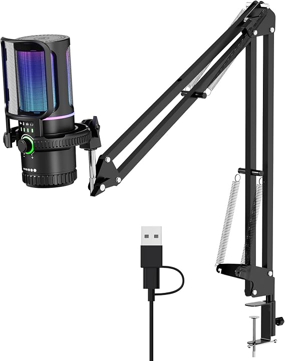SINWE Gaming Microphone with Adjustable Boom Arm- USB PC Mic for Streaming, Gaming, Podcasts, PC, PS4 -Includes Pop Filter, Shock Mount, Quick Mute & RGB Lighting,Noise Cancelation & Gain Control