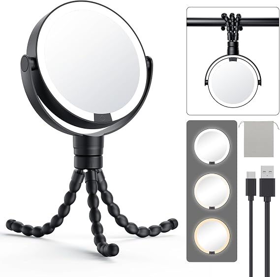 Gospire 5,85 inç Tripod Işıklı Makyaj Aynası Işık ve Büyütme 1X/10X, 4'ü 1 Arada Elde Taşınabilir Asılı Sargı Ayakta Ayna, 3 Renk ve Ayar Işığı Yuvarlak Seyahat Aynası - Siyah