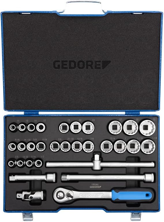 GEDORE 31-piece Socket spanner set, Bi-hex, 1/2", Tool, Ratchet with lever reverse Allen, for Automotive, D19 XMAU 20