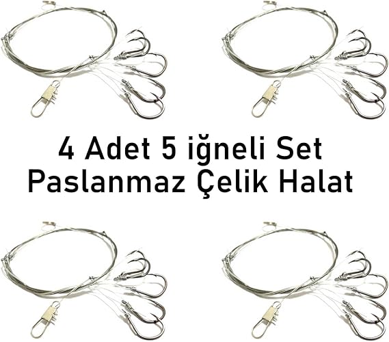 Valkyrie 5 İğneli Paslanmaz Çelik Halatlı Dip Hırsız Olta Takımı 4’lü Set 10# Karbon Çelik İğne