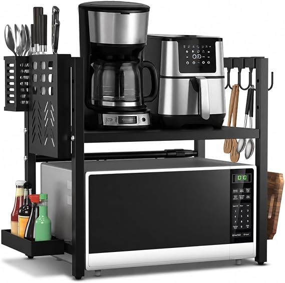 Expandable Microwave Shelf - 1 Shelf Microwave Stand For Kitchen Counter - Rack for Air fryer,Toaster and Coffee Machine - Kitchen Organiser Storage & Organisation