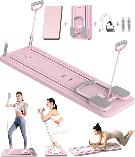 Faltbares Multifunktions-Pilates- und Bauchmuskeltrainingsgerät mit Bauch-Roller,Pilates Board Ellenbogenstütze, automatischem Rückprall und Spannseil für Heim-Fitness-Studio