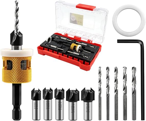 Countersink Drill Bit Set 82 Degree Counter Bore Carbide Tipped Adjustable Depth Stop HSS Tapered Drill Head 3.2MM 3.6MM 4MM 4.4MM 4.8MM for Wood, Plastic, Woodworking, Quick Release Hex