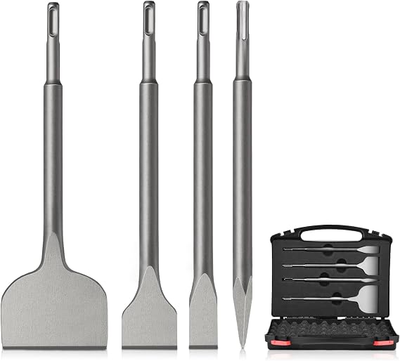 SDS Plus Chisel Set 4-Piece SDS Chisel with Storage Case Flat Chisel Pointed Chisel Chisel Set for Hammer Drill Wide Tile Stone and Concrete Chisel Set