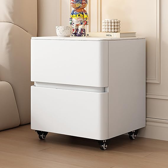 Bedroom Nightstand, Solid wood Side Table with 2 Drawers and Invisible handles, 360° movable roller, Rustic and Modern Night Stands Small Bedside Tables for Bedroom, Living Room(White,45cm)
