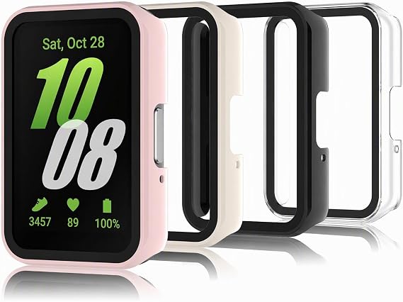4-Pack Protective Case Compatible with Galaxy Fit 3, HD Hard PC Tempered Glass Screen Protector Bumper, Clear, Black, Pink, Beige