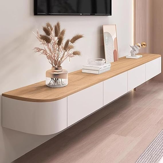 Wall Mounted TV Unit, Floating TV Stand Cabinet, Wood White Floating TV Cabinet with Doors in Media Wall Unit, Entertainment Storage TV Console for Living Room and Office (Wood-White, 140cm)