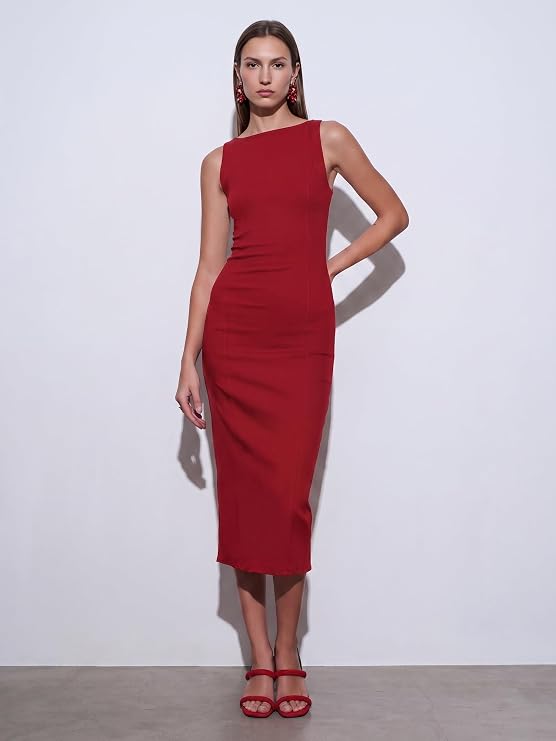 DILVIN Midi Elbise Extra Slim Fit Kadın Dokuma Kolsuz Yırtmaçlı Şık Yazlık
