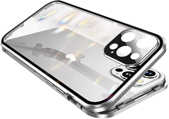 安全ロック&強力磁気吸着付き iPhone 13 Pro用ケース カメラレンズプロテクター付き メタルバンパー 360度全面保護 両面強化ガラス iPhone13Pro, シルバー