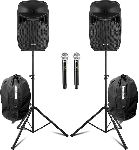 Vonyx VPS102A 10" Active PA Speaker System with Bluetooth, Dual Wireless Microphones, Speaker Stands & Protective Carry Bags - Complete DJ & Karaoke Setup