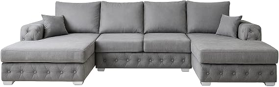 Sofaya U Shape Chesterfield Sofa Full Back Sectional Chaise Sofa with Deep Button Tufting – Upholstered Fabric Couch with Cushions – Modern 6-Seater Sofa for Living Rooms (Grey, U Shape Sofa)