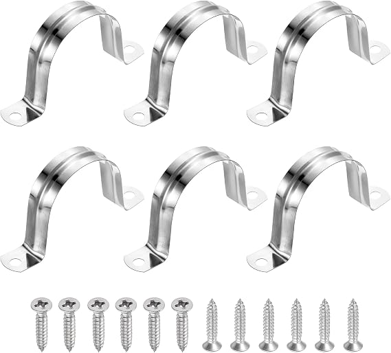 sourcing map 12Pcs 50mm(2") 304 Stainless Steel Rigid Pipe Strap, Two Hole Strap U Bracket Heavy Duty Pipe Conduit Clamp with Self-Tapping Screws for Hose Wire Cord Installation, Silver