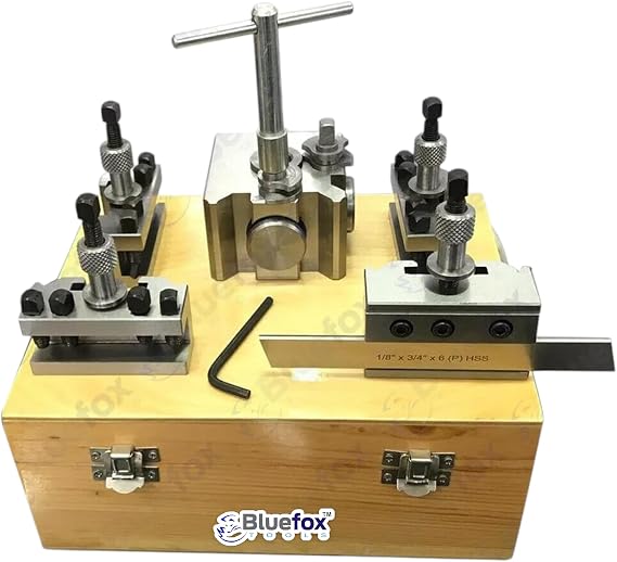 Quick Change Tool Post Set, T1 T63 with Standard and Parting Vee Holders, Bantam Chipmaster, Wooden Case