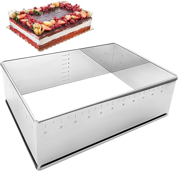 Adjustable Cake Tin, Stainless Steel Cake Mold, Rectangular Tiramisu Cake Mould, Expandable Baking Frame for Mousse Cakes, Range 25-47 cm by 18-34 cm/9.8-18.5 in by 7-13.4 in, 8 cm High