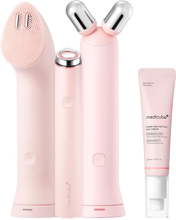 medicube Cleanse, Contour & Eye Revival Set: Mini Booster Pro Plus Full Facial Device Set (Pink) and Salmon DNA PDRN Pink Peptide Eye Cream