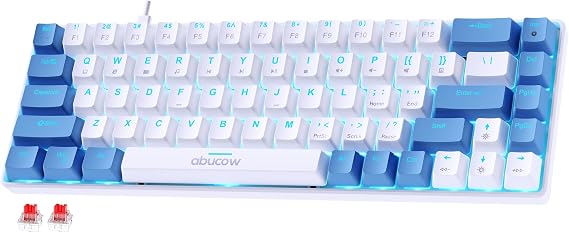 abucow 68-Key Mechanical Keyboard with Blue Backlight 60% Gaming Keyboard Black-Gray Keycaps - Red Switches for a Premium Typing and Gaming Experience on PC and Mac (Blue-White)